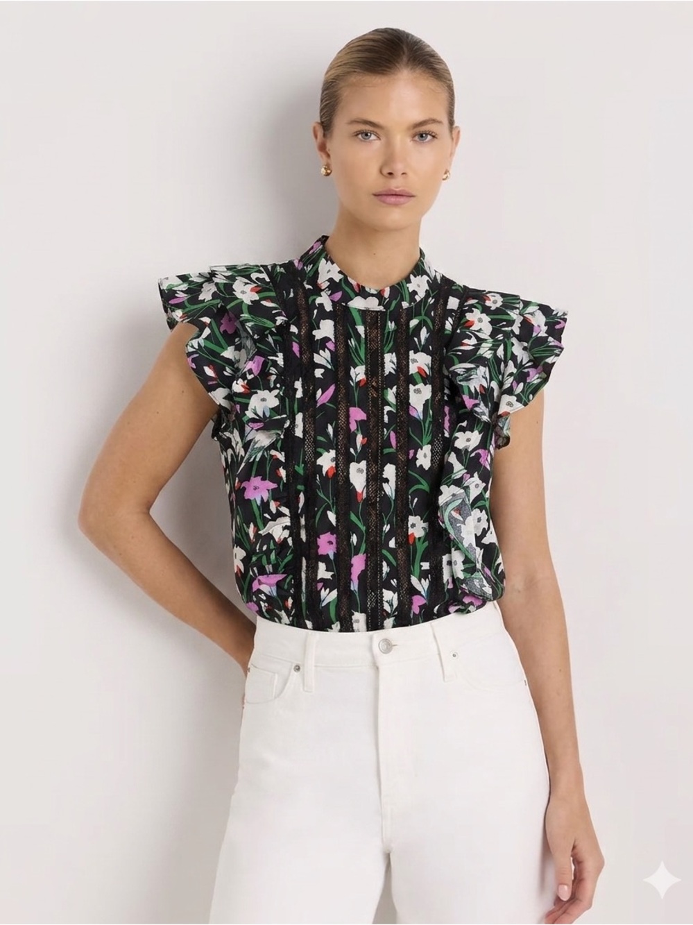 Veronica Beard Sol Floral Ruffle Lace-Trim Top — Black/White/Pink/Green — Size 4